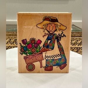 VTG 1999 Happy Hannah with her Flower Cart, Wood/Rubber Stamp, Embossing Arts Co